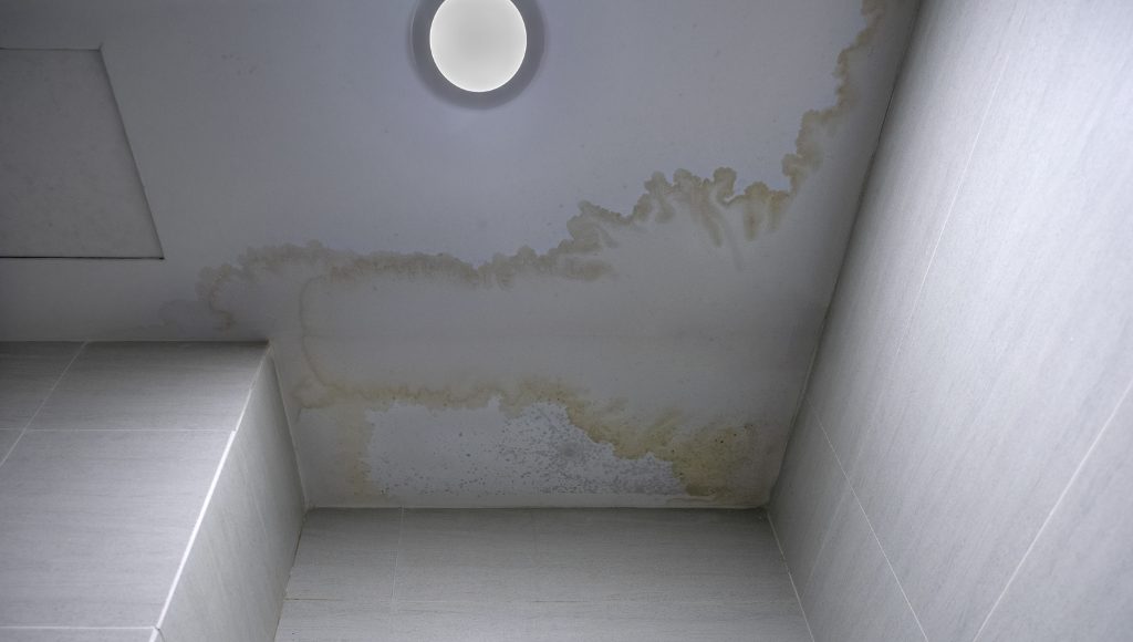 Water damage on a bathroom ceiling, dangerously close to a ceiling lamp.