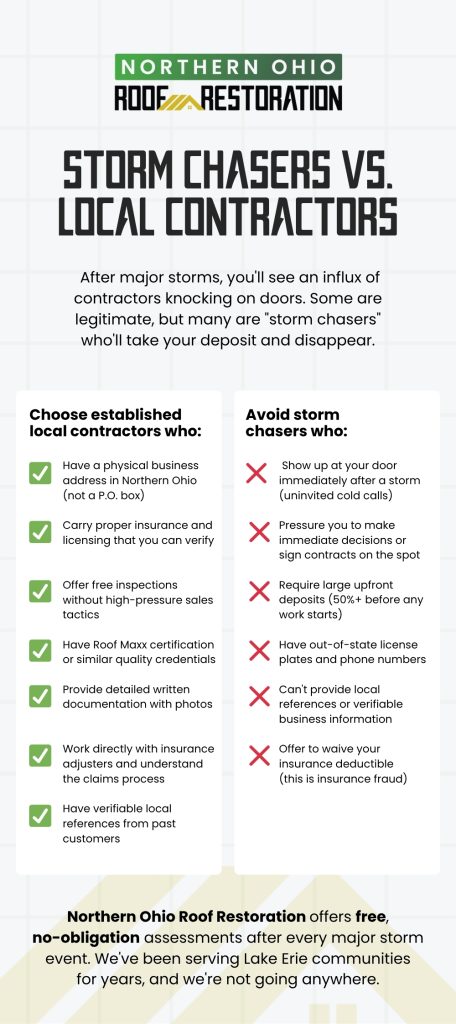 Infographic with what to look for in local contractors vs. storm chasers