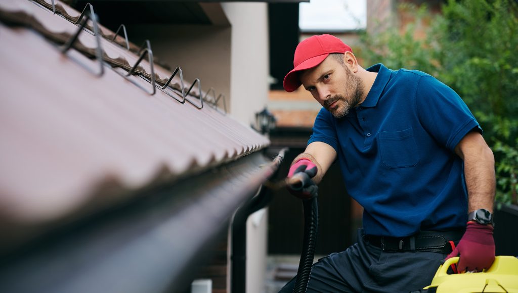 A professional cleans gutters on a residential house.