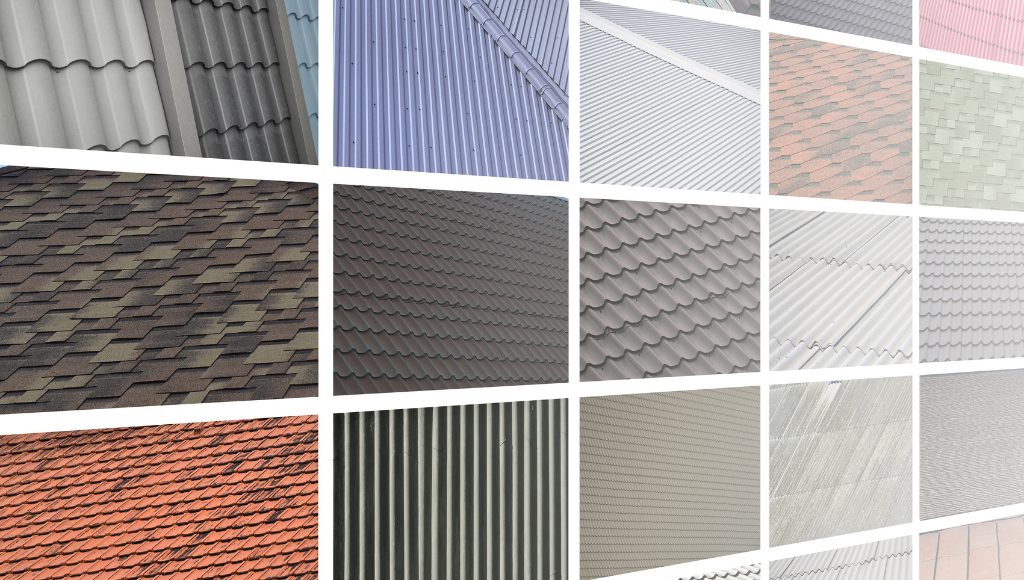 A collage of different roofing materials, including 3-tab shingles, architectural shingles, metal, and tile.