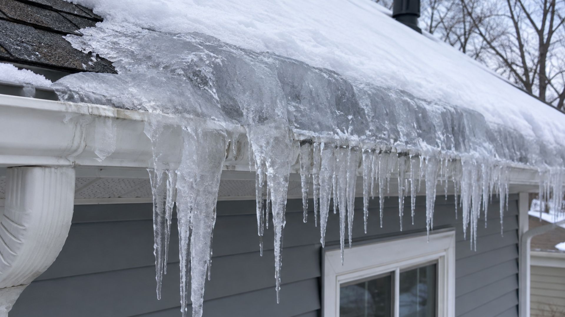 A close-up of a large ice dam blocking a gutter on a residential home. Huge icicles hang off the eave.